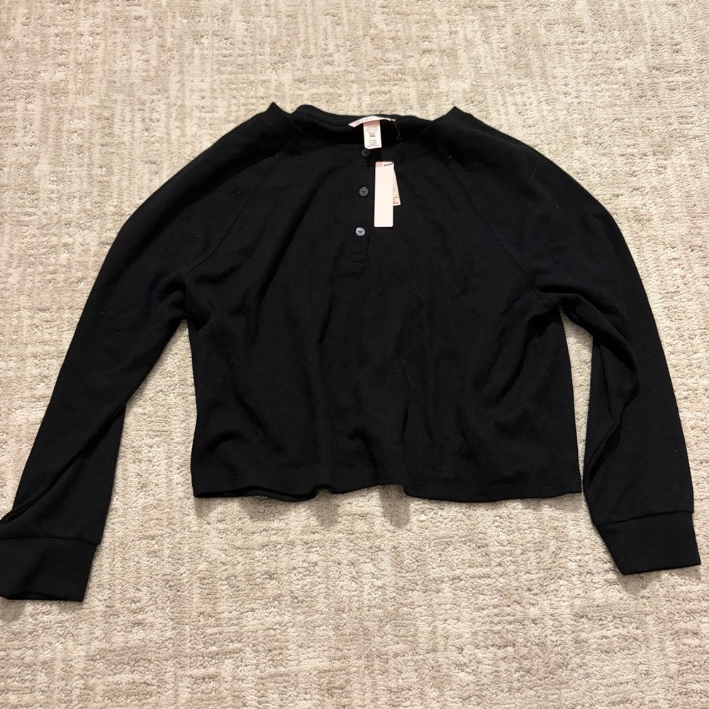 Victorias Secret Black Henley waffle knit Long Sleeve Top BNWT